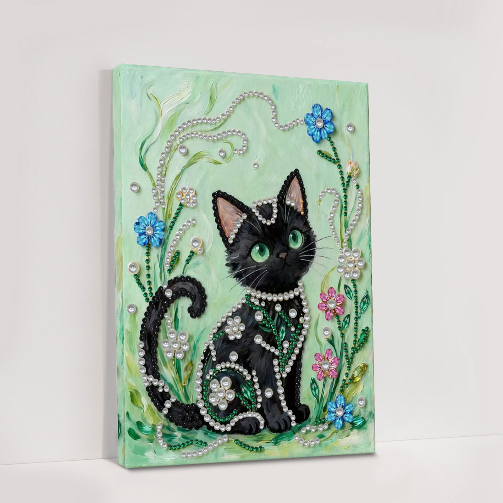 FLOPESN DIY Gemstone Pearl Diamond Art Painting Kit with Frame, 11.81x15.75in Colored Canvas, Home Decor Display for Tabletop and Wall -Black Cat