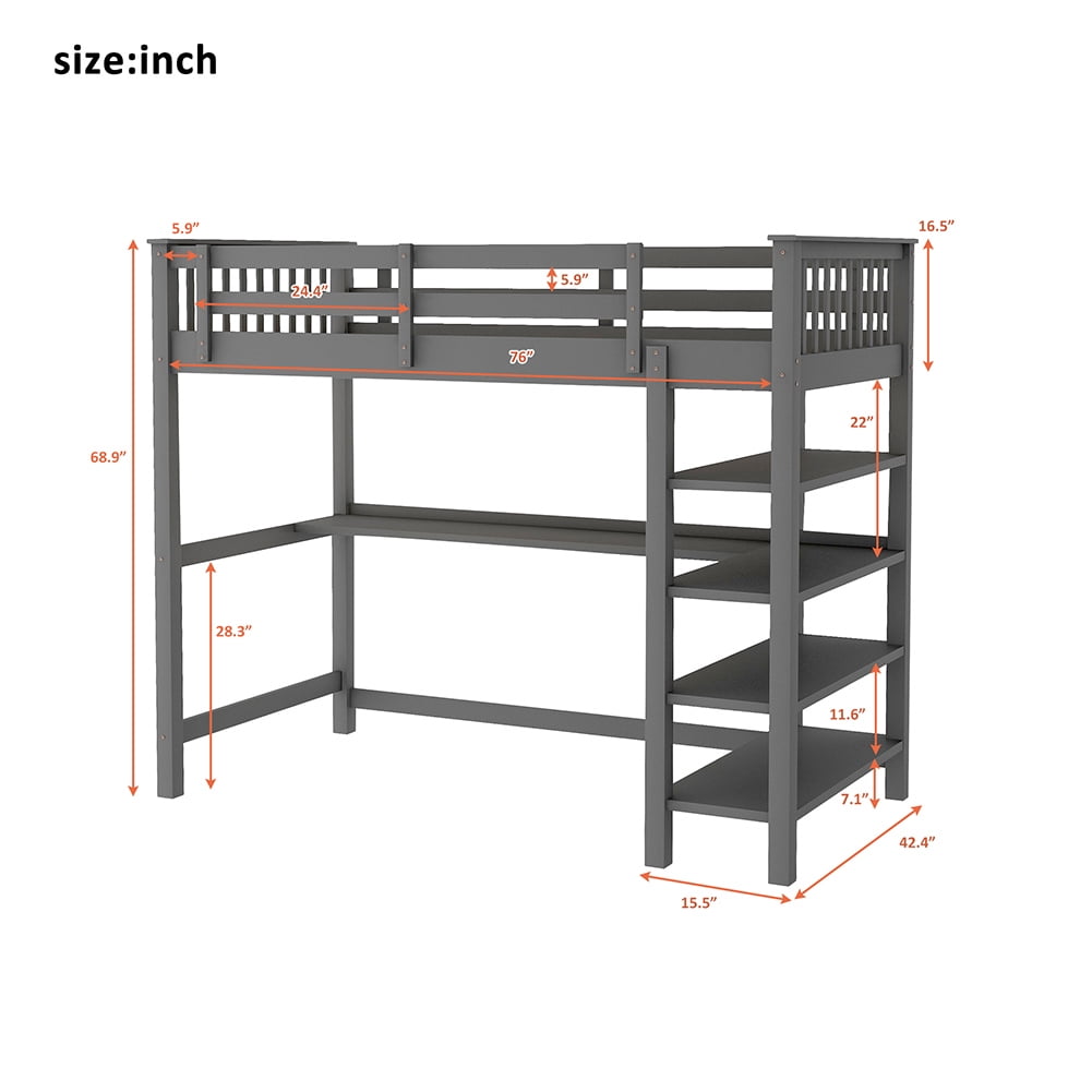 Kadyn Twin Size Loft Bed with Storage Shelves and Under-bed Desk, Gray