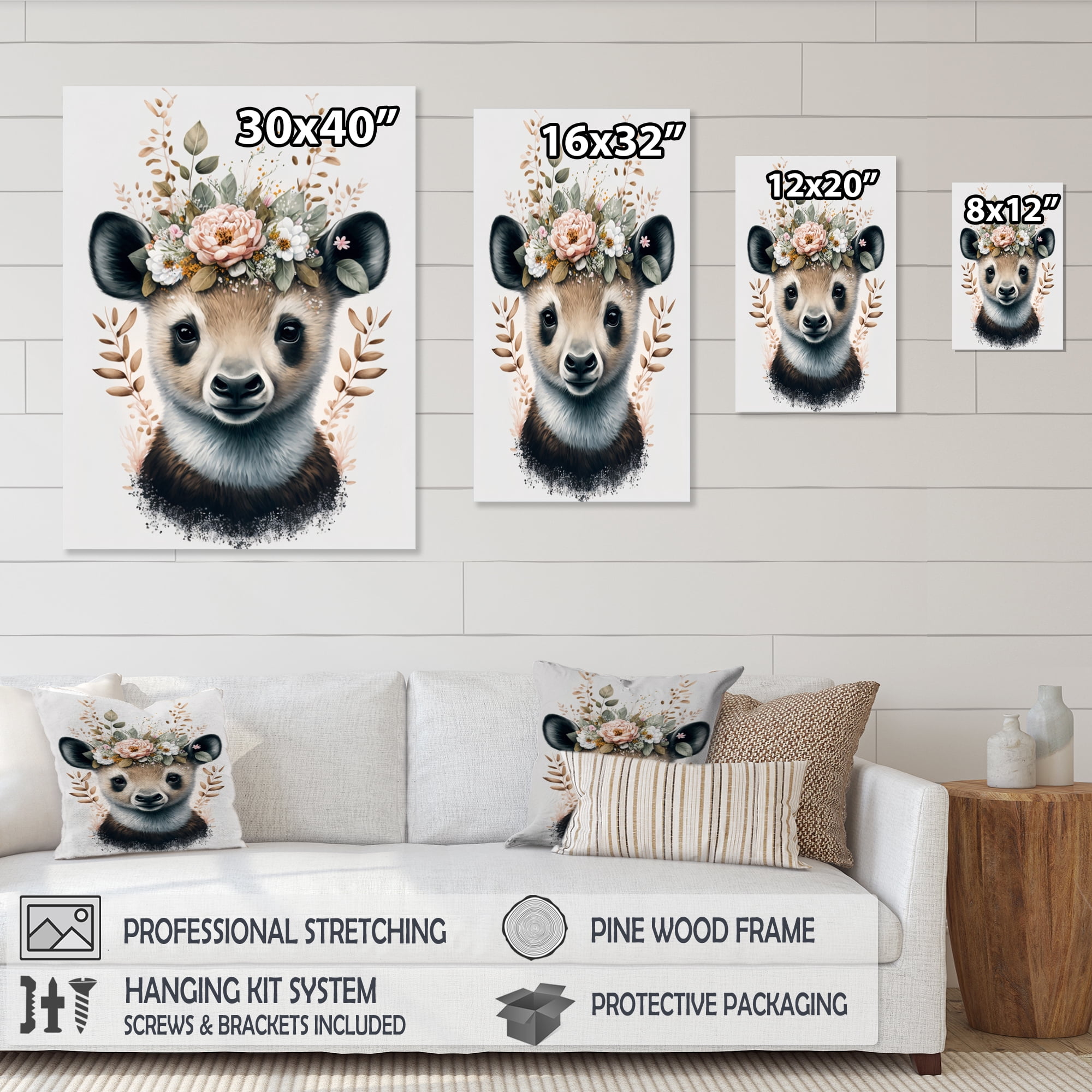 Designart Cute Baby Panda With Floral Crown II Canvas Wall Art