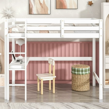 Syngar Twin Loft Bed Frame  Solid Pine Wood Twin Loft Bunk Bed Frame with Ladder for Boys Girls Teens Adults  No Box Spring Needed  White