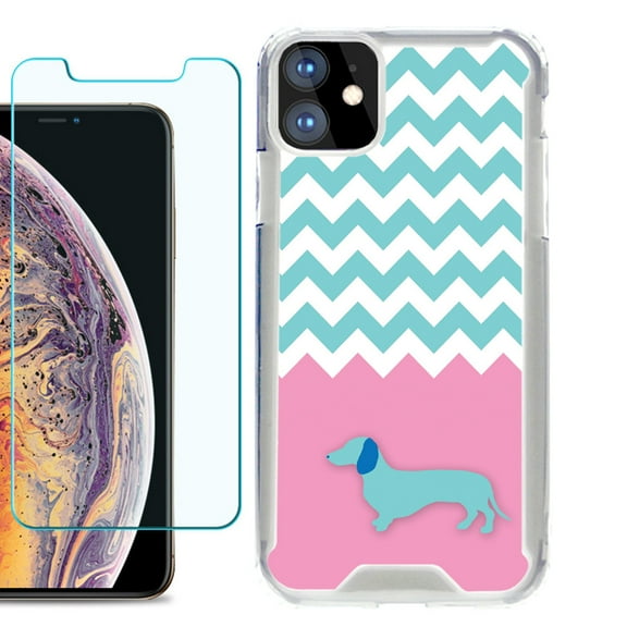 For Apple iPhone 11 Case, Hybrid Bumper Phone Case, with Tempered Glass Screen Protector, by OneToughShield ® - Chevron/Dachshund/Puppy