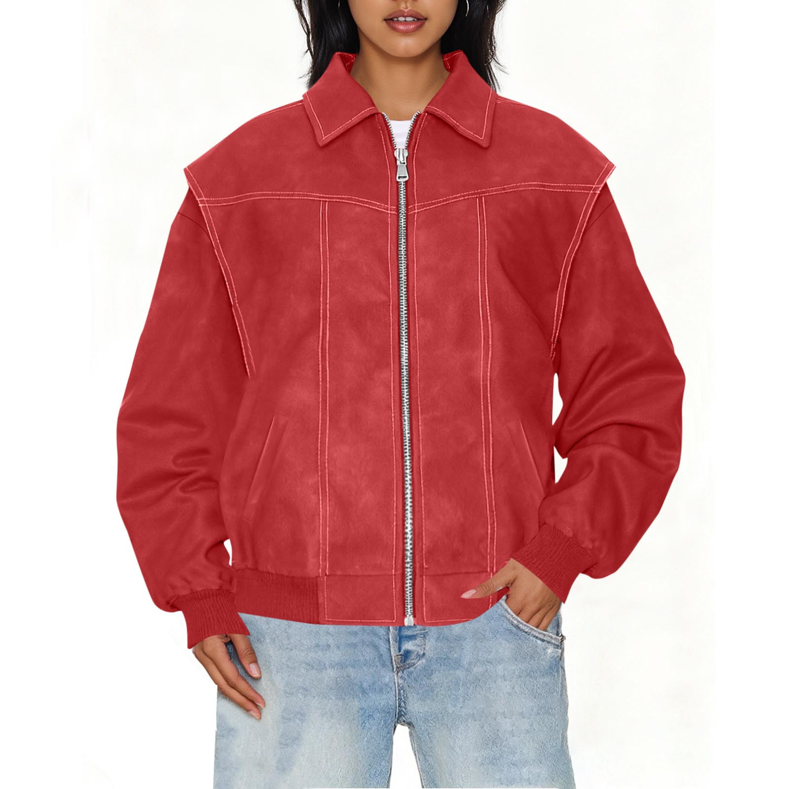 IROINNID Women's Faux Leather Jacket Long Sleeve Front Zip Pocket Biker Moto Jacket