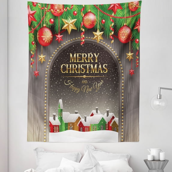 Christmas Tapestry, Classic Rustic Design Season Greetings Yellow Colored Letters Village Ornaments, Fabric Wall Hanging Decor for Bedroom Living Room Dorm, 5 Sizes, Multicolor, by Ambesonne