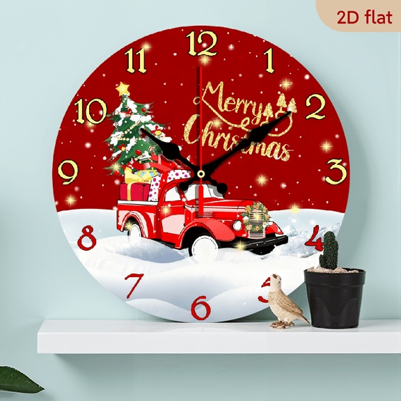 2D Flat 1pc 10Inch Wooden Christmas Wall Clock Red Truck with Christmas Tree Clock Battery Operated Wall Clock Silent Non-Ticking Round Clock for Living Room Bedroom Kitchen Christmas Wall Decor