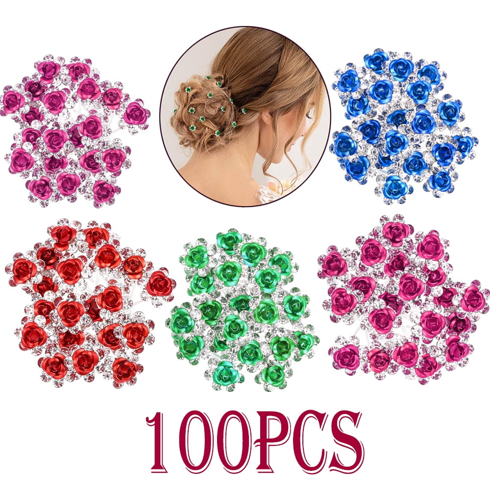 Dicasser 20/40/100/200PCS Crystal Hair Pins Rose Flower Rhinestone Hair