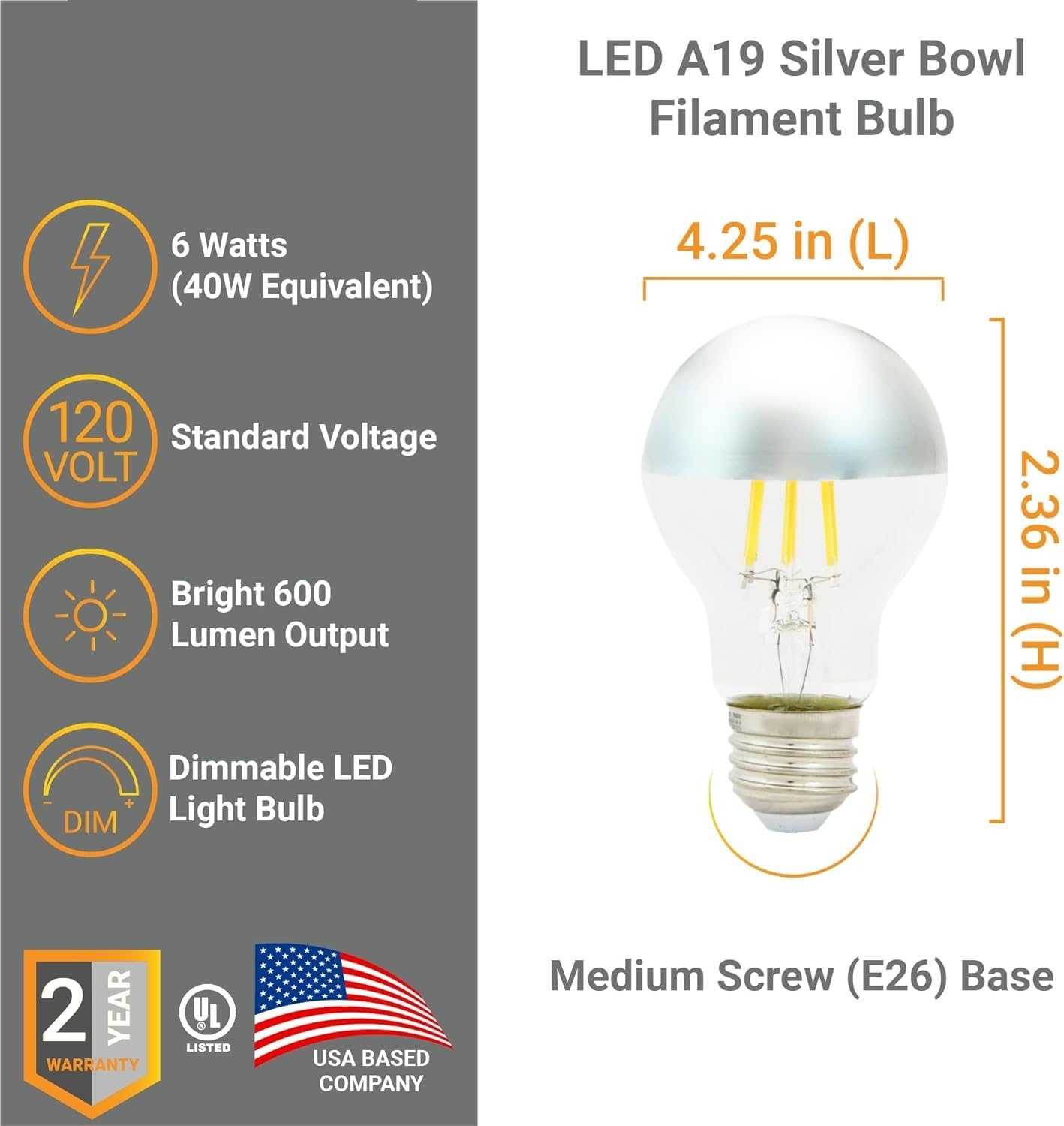 Diodesy- Pack of 3 A19/LED/FS/SB/6W/27K Half Chrome LED Filament Bulb, 6W (40 Watts Equivalent), Silver Bowl Tipped Globe Shape, 2700K Warm White, E26 Decorative Silver Mirror Reflected Dimmable Light