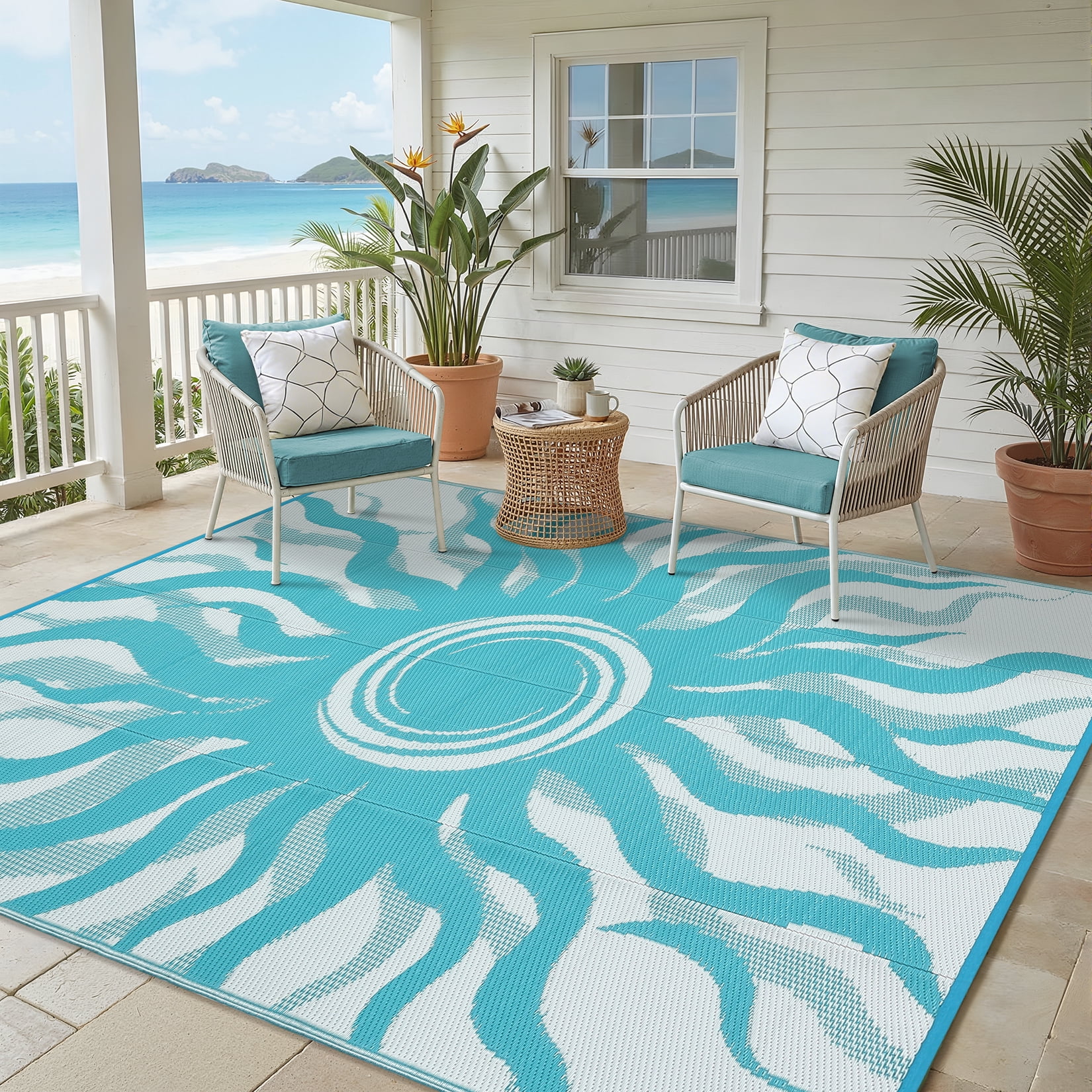 Garvee 8x10ft Outdoor Rug Waterproof Reversible Plastic Straw Rug, Modern Boho Sun Pattern Rug, Large RV Camping Mat Portable Outdoor Carpet for Patio, Balcony, Picnic, Beach, Deck, Light Blue