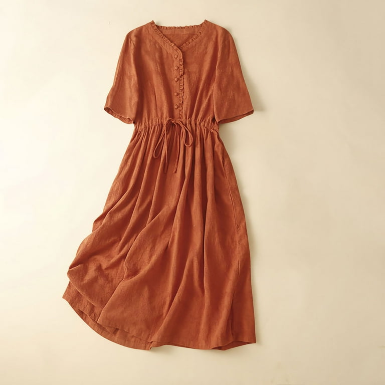 Dezsed Women Cotton Linen Dress Vintage Embroidered V Neck Elbow-Length Sleeve Shirt Dresses Casual Laceup Flowy Midi Dress Orange 2XL, Women's