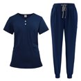 thumbnail image 5 of WULMLEO Mens Scrub Sets 2 Piece Short Sleeve Stretch Scrubs Outfits Medical Crew Neck Fashion Nurse Uniform Shirts and Joggers Button Comfortable Spring Petite Nursing Workwear Dark Blue 2XL, 5 of 5