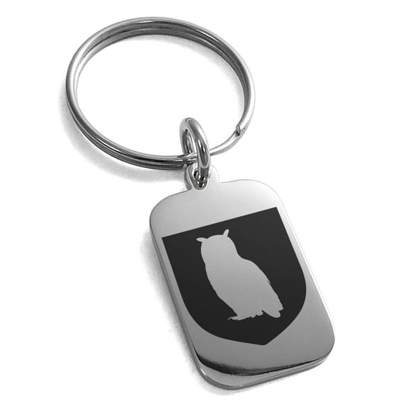 Stainless Steel Owl Wisdom Coat of Arms Shield Engraved Small Rectangle Dog Tag Charm Keychain Keyring