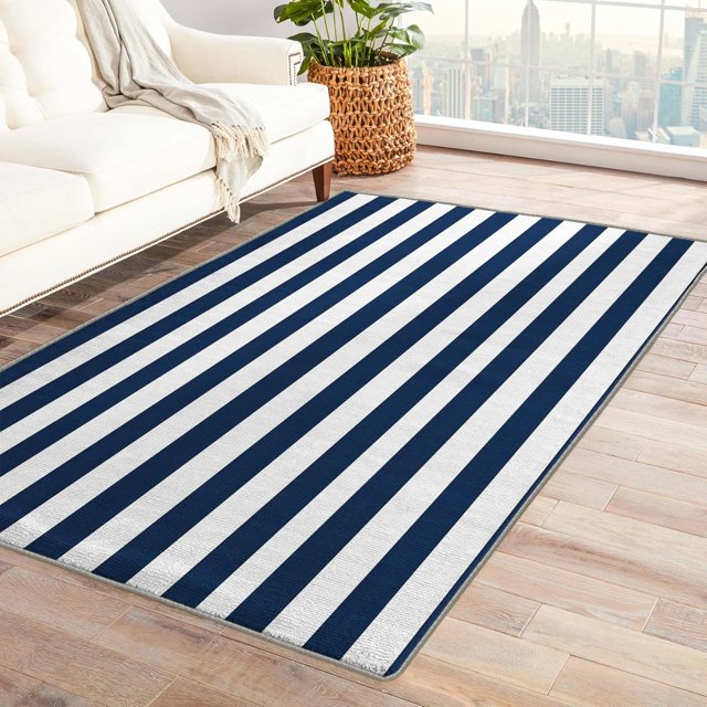 Stripe Area Rugs for Bedroom Living Room - 5x8 ft - Navy Blue Carpet for Home Decor - Stripe Patterned Decorative Indoor Large Rug - Washable & Soft & Non Slip & Low Pile (ZF&7507)