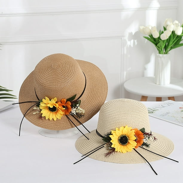 Nobrand Straw Hat Wide Brim Fake Sunflower Decor Beach Sun Hat Fisherman Hat For Women White
