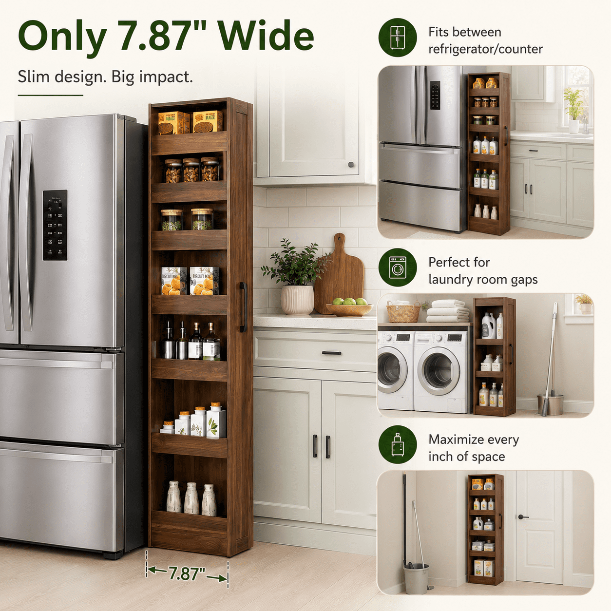 Aukfa 7-Tier Slim Rolling Pantry Cabinet, 68.3" Narrow Pull-Out Kitchen Storage Cart with Handle and Casters,Walnut