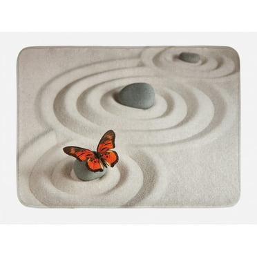 Butterfly Bath Mat, Zen Rock on the Sand Butterfly Serenity Life Cycle Nature Meditation Theme, Non-Slip Plush Mat Bathroom Kitchen Laundry Room Decor, 29.5 X 17.5 Inches, Beige Orange, Ambesonne