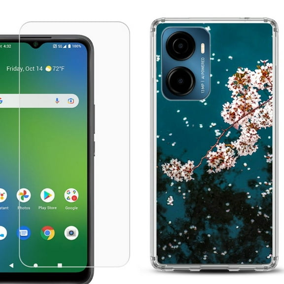 For AT&T Propel 2 5G Phone Case Cover, Shockproof Bumper Hybrid Case with Tempered Glass Screen Protector, by OneToughShield - Night Blossom