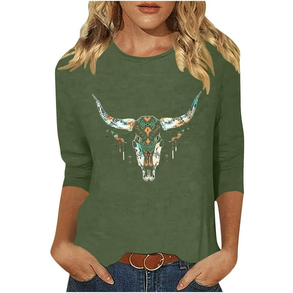 Staron Women's 3/4 Sleeve Western Print Casual T-Shirt Round Neck Loose Fit Fashion Top, Green L