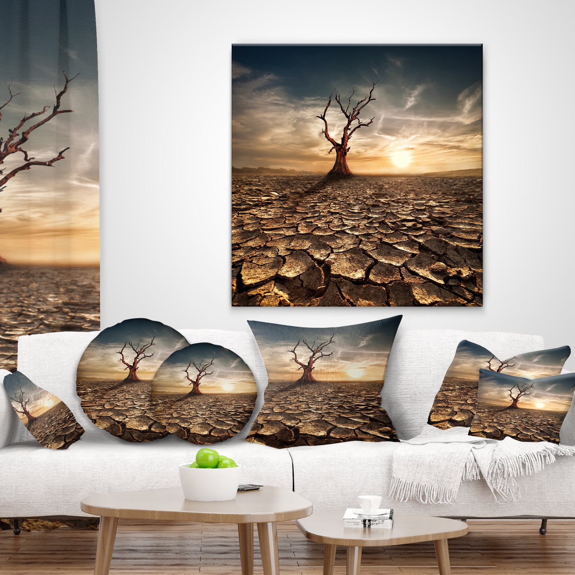 Designart Lonely Dead Tree in Cracked Land - Landscape Printed Throw Pillow - 18x18