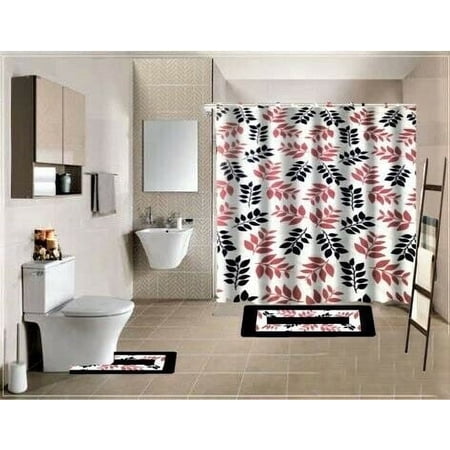 15-PC Wesley Black High Quality Jacquard Bathroom Bath Rug Set Washable Anti Slip Rug 17 x28 Contour Mat 17 x17 with Non-Skid Rubber Back and Shower Curtain 12 rings covered