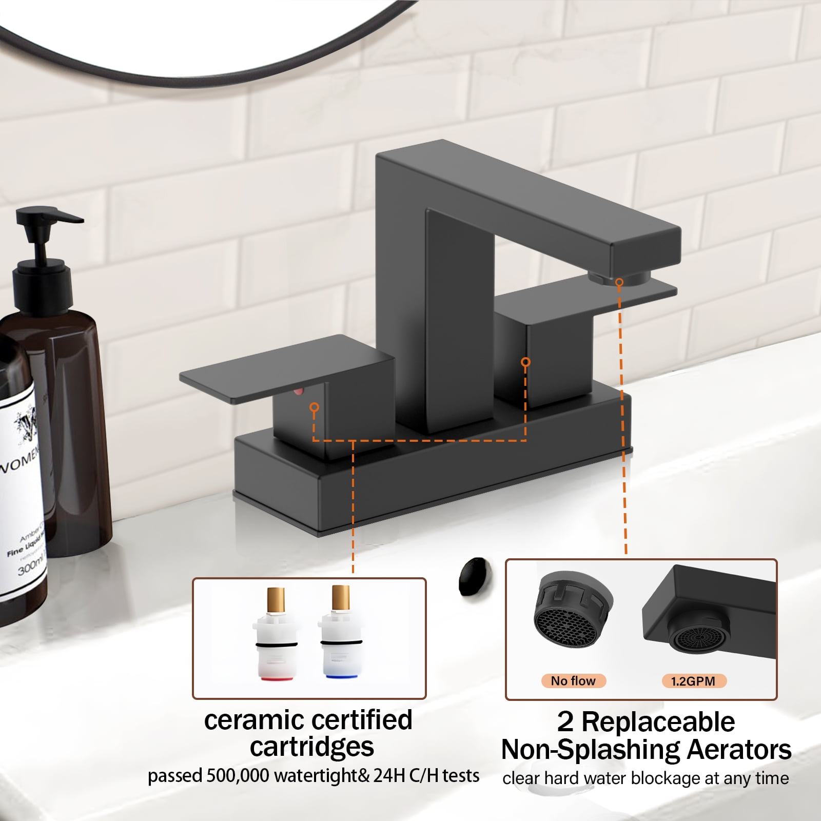 KINGTACK Bathroom Faucets, 4 Inch Matte Black Bathroom Faucets for Sink 3 Hole, 2 Handle Bathroom Sink Faucets with Pop-up Drain and Supply Lines