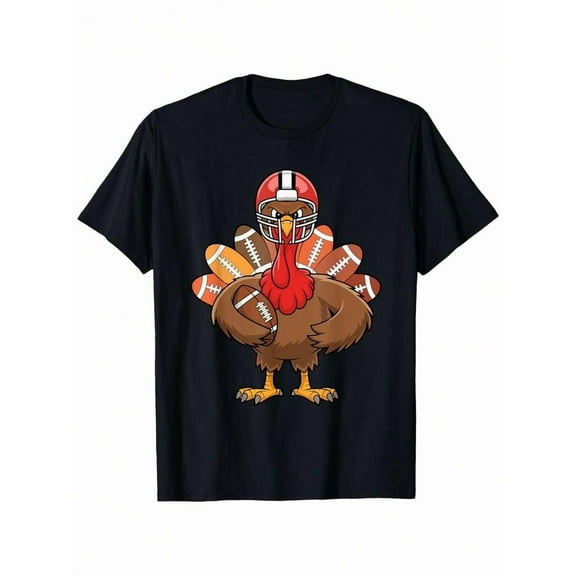 Funny Cartoon Turkey Football Player Graphic T Shirt   Men's Comfort Fit Cotton Crewneck Tee For Thanksgiving Sports Events & Casual Wear   Black S XXXL