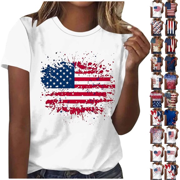 ShiShine Women's 4th of July Shirts Crew Neck USA Flag Short Sleeve Retro Loose Patriotic Anniversary Patriotic Tops S-5XL