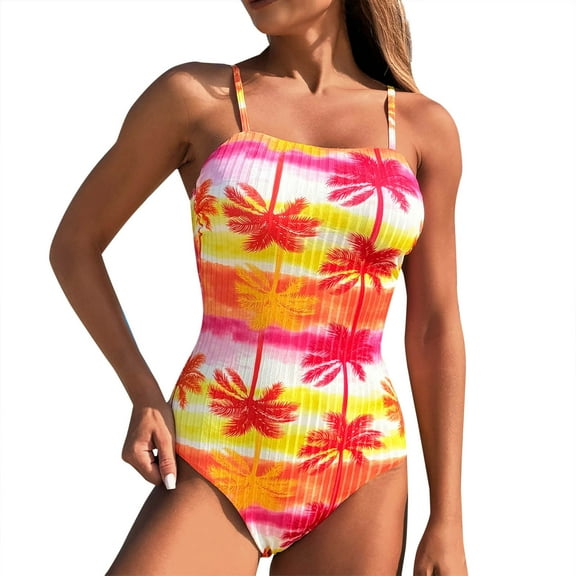 Beachwear One Piece Swimsuits for Women Tropical Printed Spaghetti Strap Bathing Suit Womens Tummy-Control Bikinis Orange, M