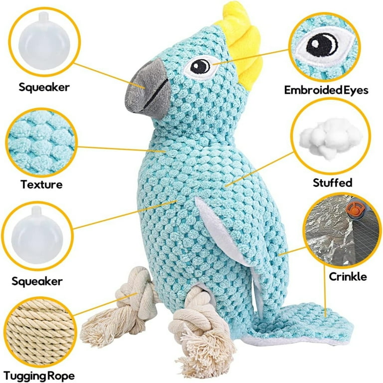 Soft and adorable blue parrot plush dog toy with interactive squeaker great for all sizes stuffed with premium cotton and featuring durable rope knot legs. Ideal gift for birthdays or
