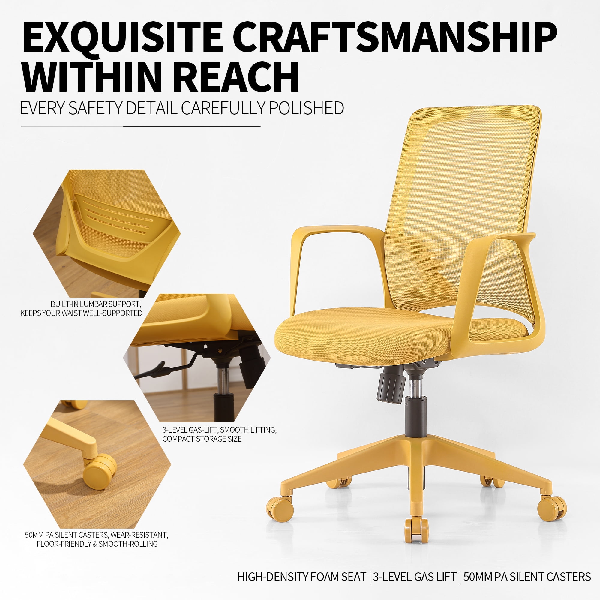 Homy Casa Mesh Desk Chair, Mid Back Adjustable Office Task Chair with Integrated Armrests, Yellow