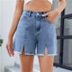 thumbnail image 4 of Pantalones cortos de mezclilla con abertura frontal for mujer, pantalones cortos casuales de verano con flecos y dobladillo crudo de talle alto, 4 of 6