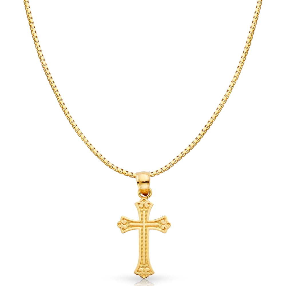 14K Yellow Solid Gold Cross Religious Charm Pendant with 1mm Box Chain ...