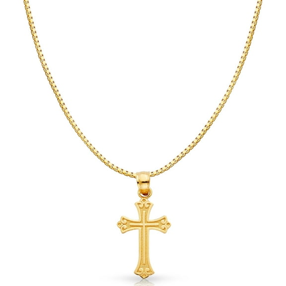 14K Yellow Gold Cross Religious Charm Pendant with 0.8mm Box Chain Necklace - 16"