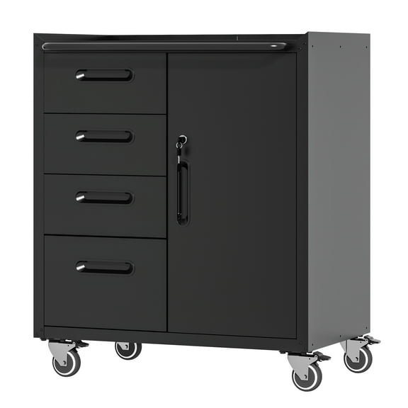 Noaman Sturdy Metal Tool Storage Cabinet with Wheels, 29.53"W x 17.72"D x 34.65"H, Heavy-Duty Garage & Home Organizer with Lockable Drawers, Black/Gray