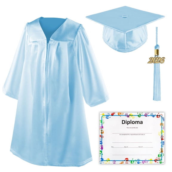 Class Act Graduation Shiny Kindergarten Preschool Graduation Cap & Gown with Matching Tassel and Diploma Certificate, Light Blue
