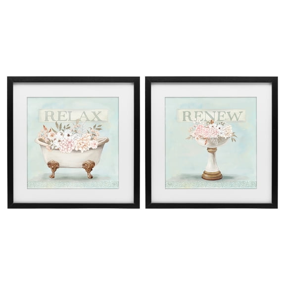 Stupell Industries Antique Florals Relax Renew 2 Piece Black Framed Print Under Glass Set, design by Mollie B.