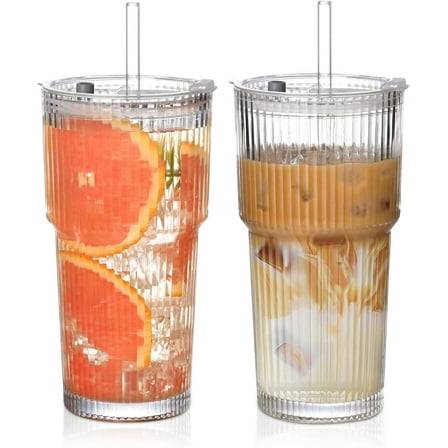 BGC 20oz Ribbed Glass Cups with Lids and Straws,2PCS Glass Tumbler with Straw and Lid,Drinking Glasses for Iced Coffee Cups,Juice,Smoothies