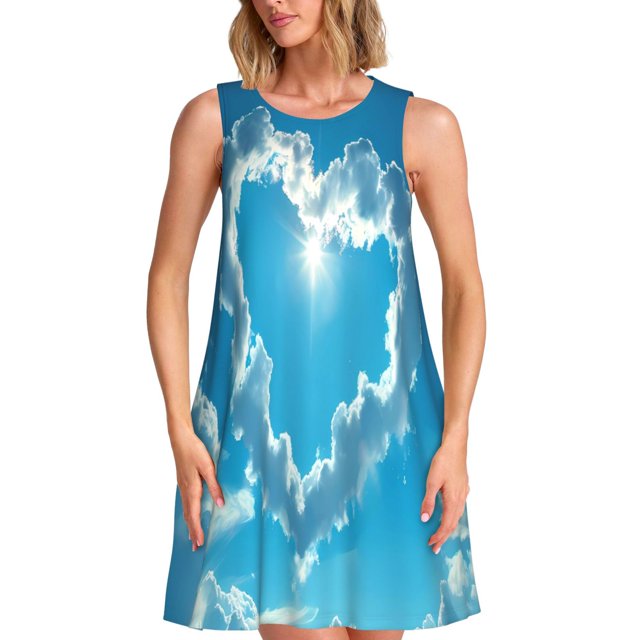 Vsdgher Robe d'Été en Forme de Cœur Imprimé Nuage pour Femmes Décontractée Col en U Robe de Plage Sans Manches Robe Débardeur Ample avec Poche