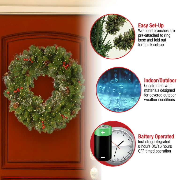 Pre-Lit Artificial Christmas Wreath, Green, Frosted Berry, White Light –  National Tree Company