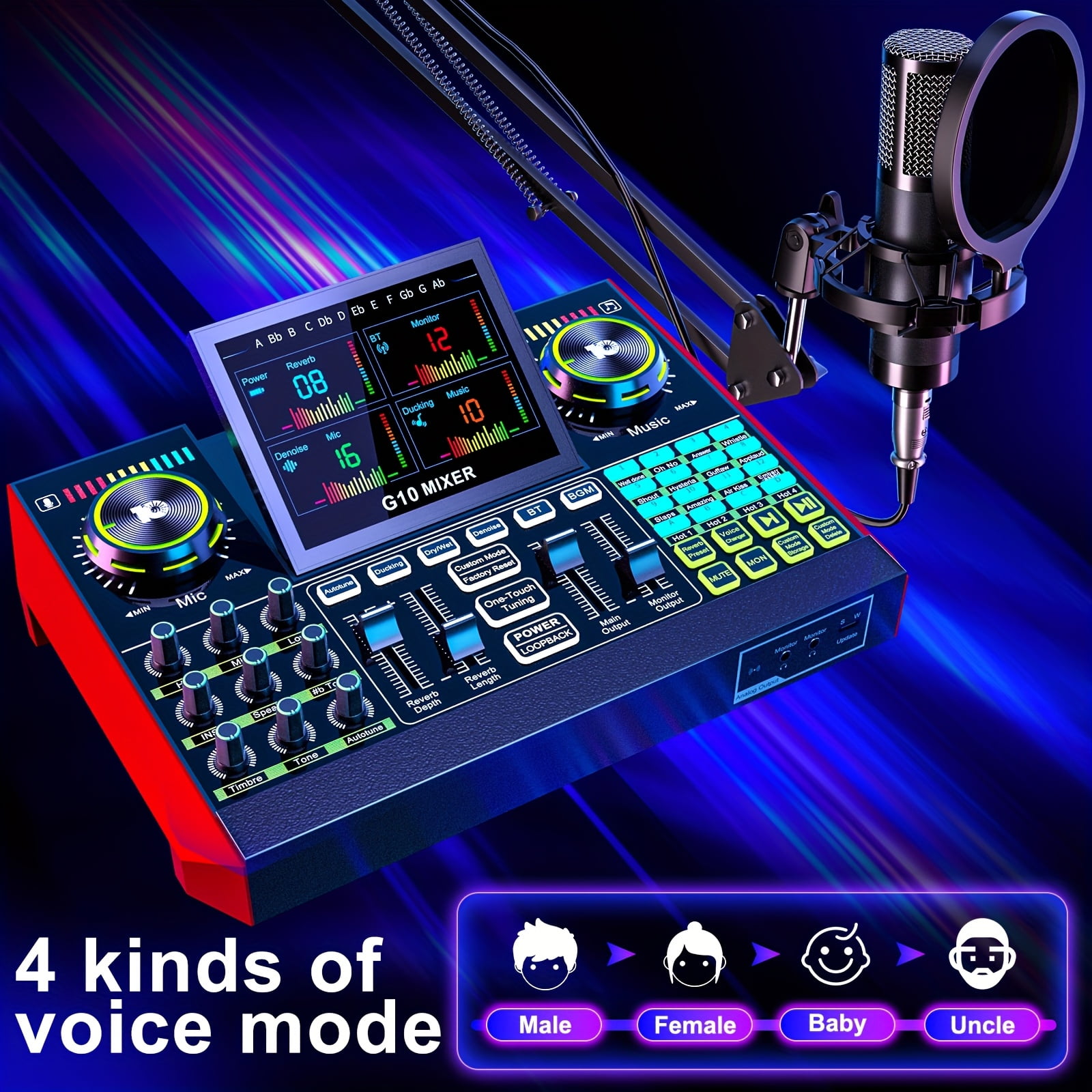 Tenlamp Podcast Kit Audio Interface Wired Microphone Mixer Pro Digital Voice Modulation 13 Channels Black 1 Pack