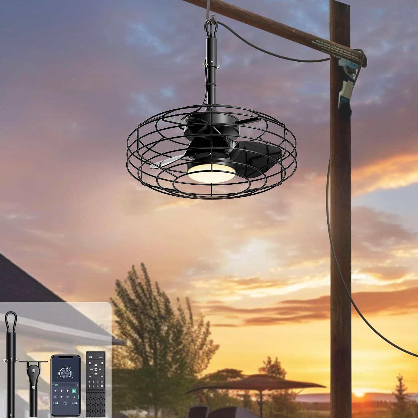 Ohniyou Outdoor Ceiling Fans with Light for Patios, 20" Farmhouse Waterproof Plug in Gazebo Fan Remote&APP Control, Caged Ceiling Fan for Porch Pergola Canopy, Black