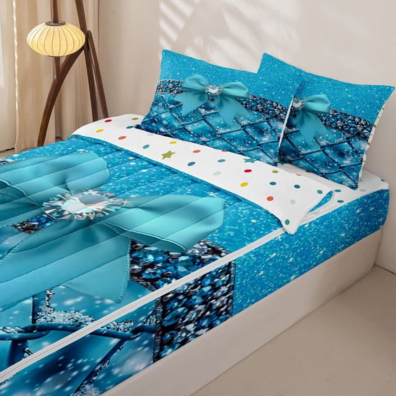 Homewish Blue Glitter Print Bow Zipper Full Size Comforter Sets with Fitted Sheet and 2 Pillowcases, Checkered Grid Zipper Bedding Set, Polka Dots Reversible, 4-Piece
