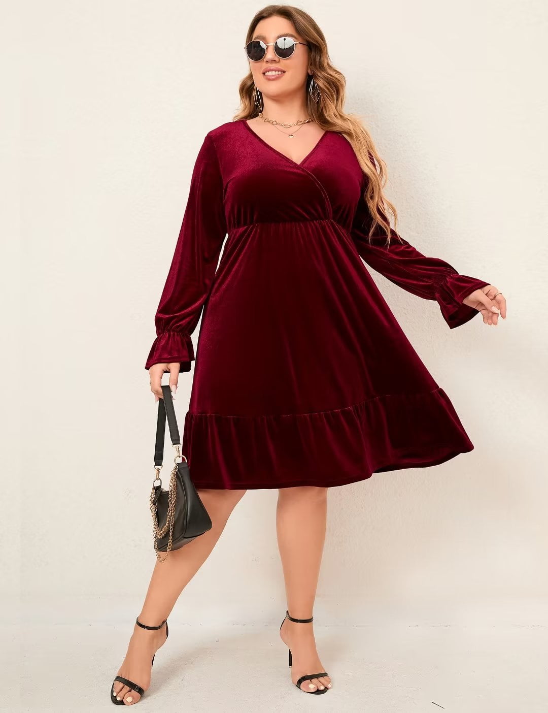 Women's Plus Size V Neck Velvet Dress, Solid Simple Loose Midi Swing Dresses,  Wine Red 