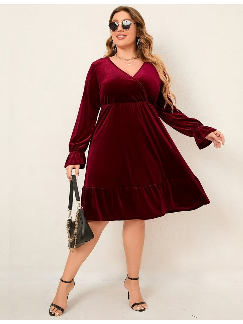 red velvet dress plus size Yours Women's Burgundy Bow Strap Mini Size 22-24 faux button Smak Parlour Plus Size Red