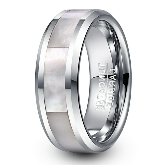 8mm Natural Mother of Pearl Inlay Tungsten Wedding Ring for Women Beveled Edge Size 7-12