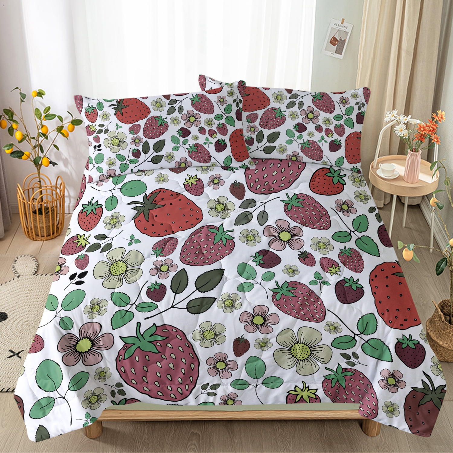 Arightex Strawberry Bedding Full Size, Cute Comforter Set for Girls, Breathable and Lightweight