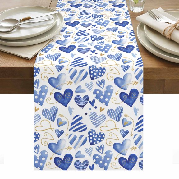 Valentine's Day Table Runner - 108 Inch Long, Kitchen Dining Table Runner Dresser Scarves, Blue Heart Love Modern Romantic Minimalist Farmhouse Decor for Coffee Tables Wedding Party Banquet