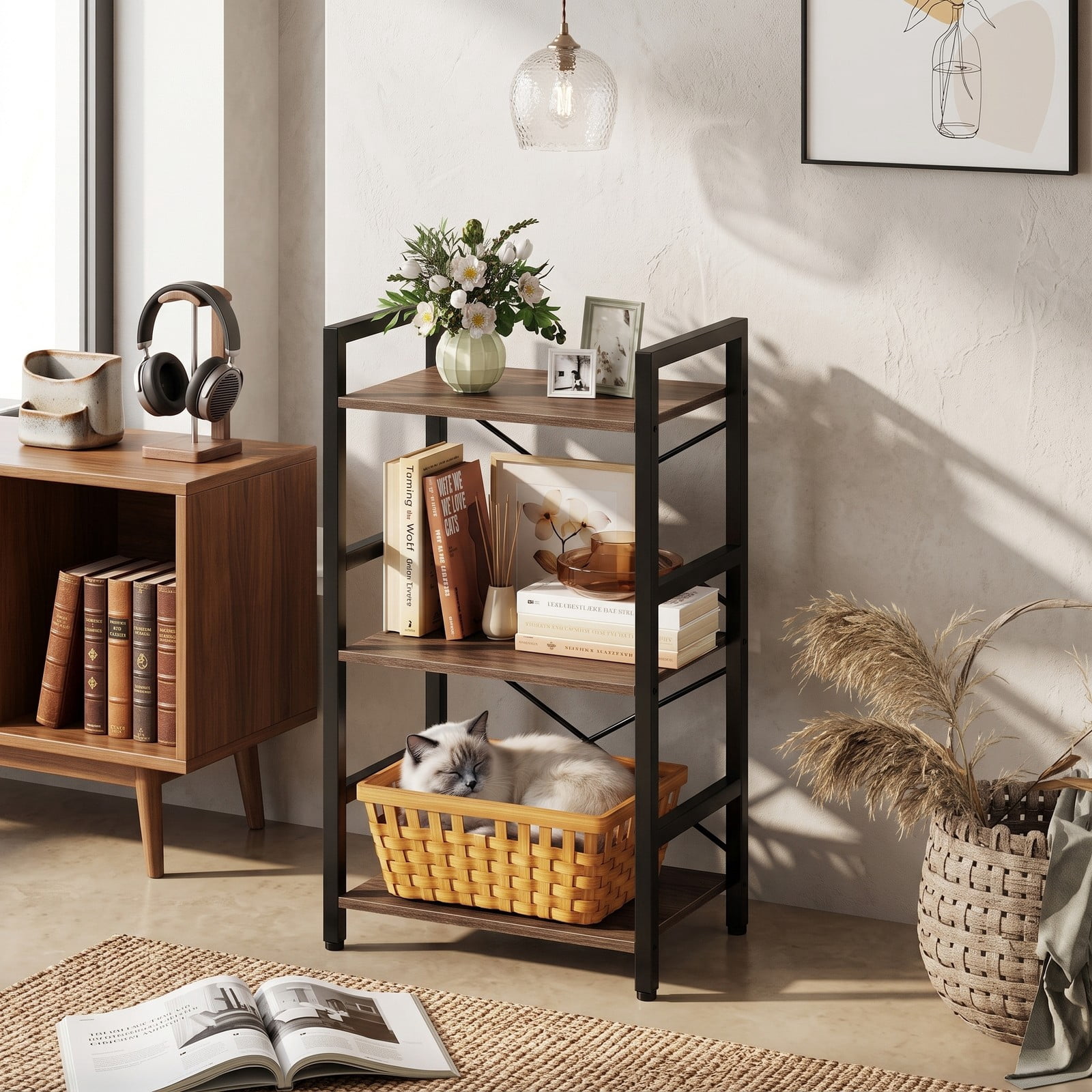 Furnibear 4-Tier Bookshelf with Metal Frame, Freestanding Wooden Storage Rack Display Bookcase Organizer with Anti-Tip Anchors for Home Office Study Living Room, Oak