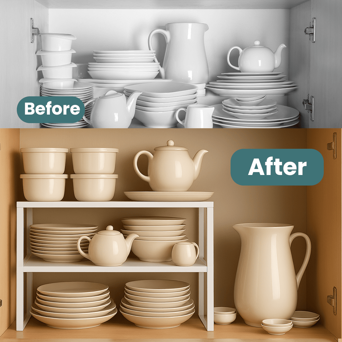 Sben Kitchen Shelf Cabinet Organizer, Set of 2, Counter Shelves, Kitchen Storage, Spice Rack, Stackable, Functional, Metal and Engineered Wood (White)