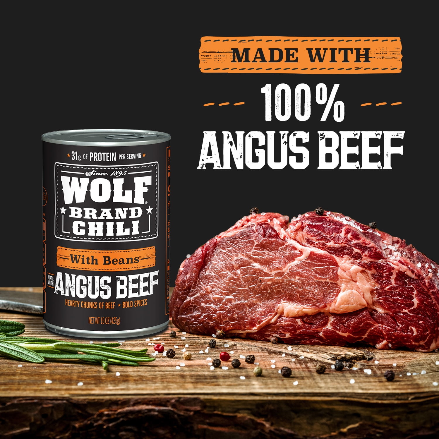 (6 pack) Wolf Brand Angus With Beans Chili, 31g Protein Per Serving, 15 oz. Can