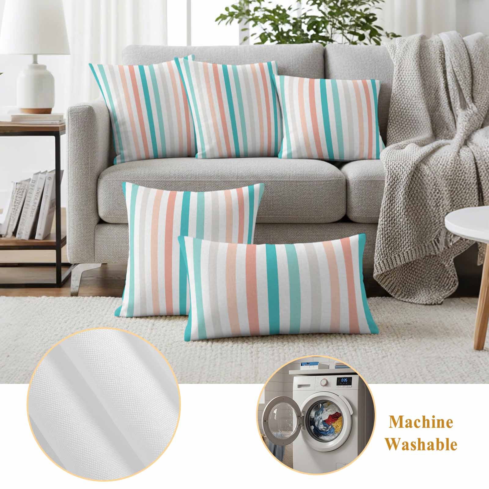 Aqua Teal Stripe Outdoor Waterproof Pillow Covers, Geometric Grey White Vertical Striped Decorative Square Throw Pillowcase Sofa Cushion Sham for Patio/Couch/Chair, 18"x18" 2 Pack