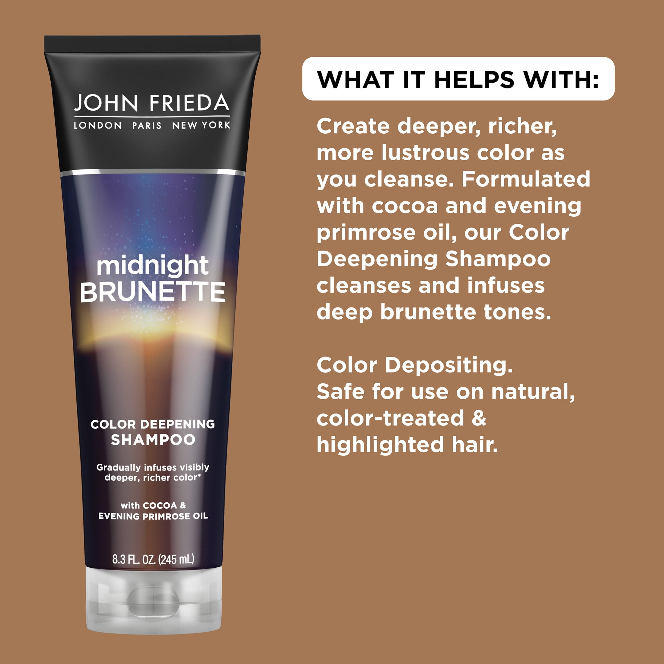 John Frieda Midnight Brunette Hair Womens Deepening Shampoo, Cocoa & Primrose Oil, 8.3 oz